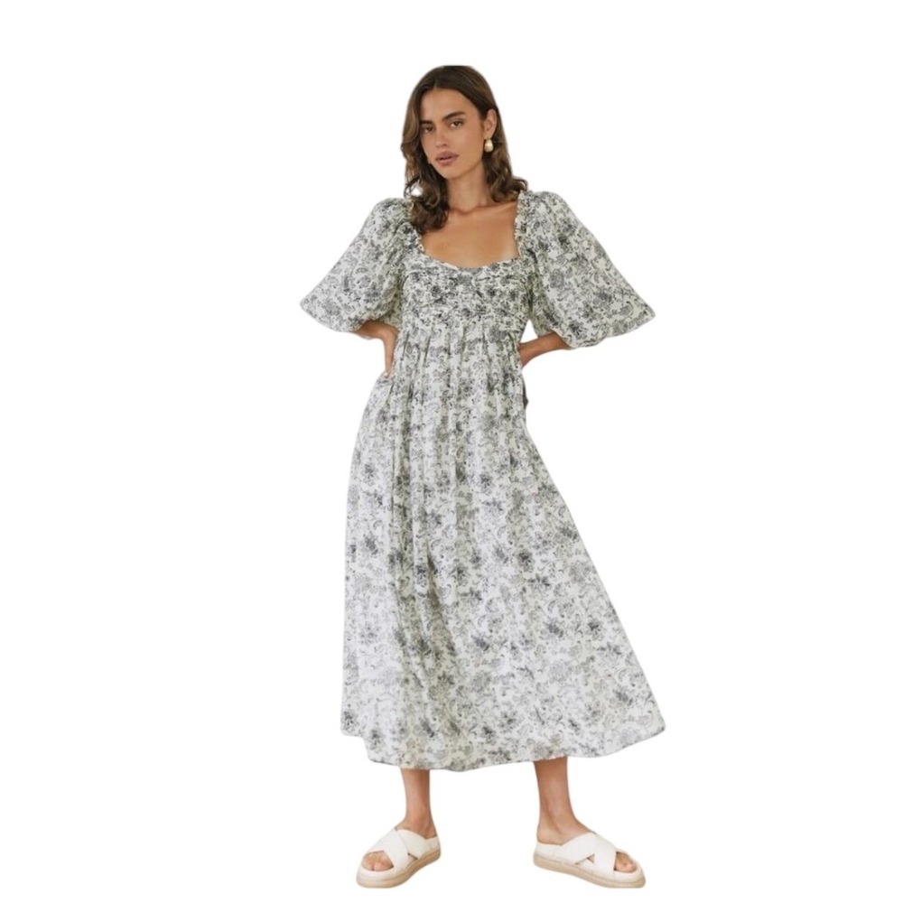 NWT Sofie the label Floral Smocked Midi Dress Blue White Puff Sleeve Size M NEW
